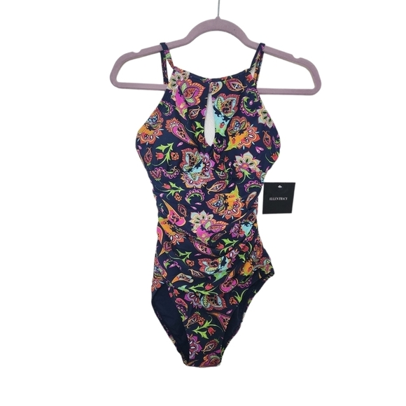 Ellen Tracy Blue Multi Color Floral Print Swimsuit Size 6 NWT - Picture 1 of 5